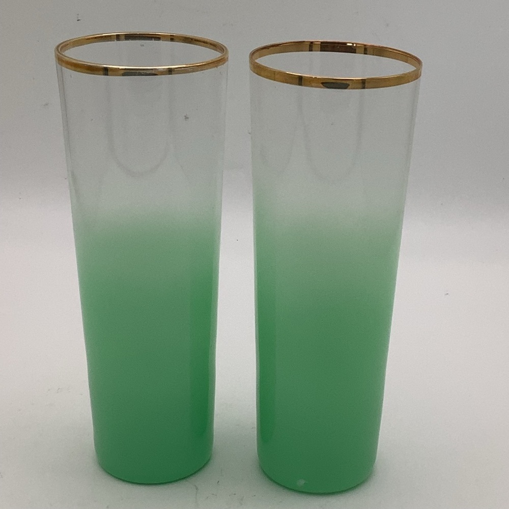 Two Green Frosted Tall Glasses